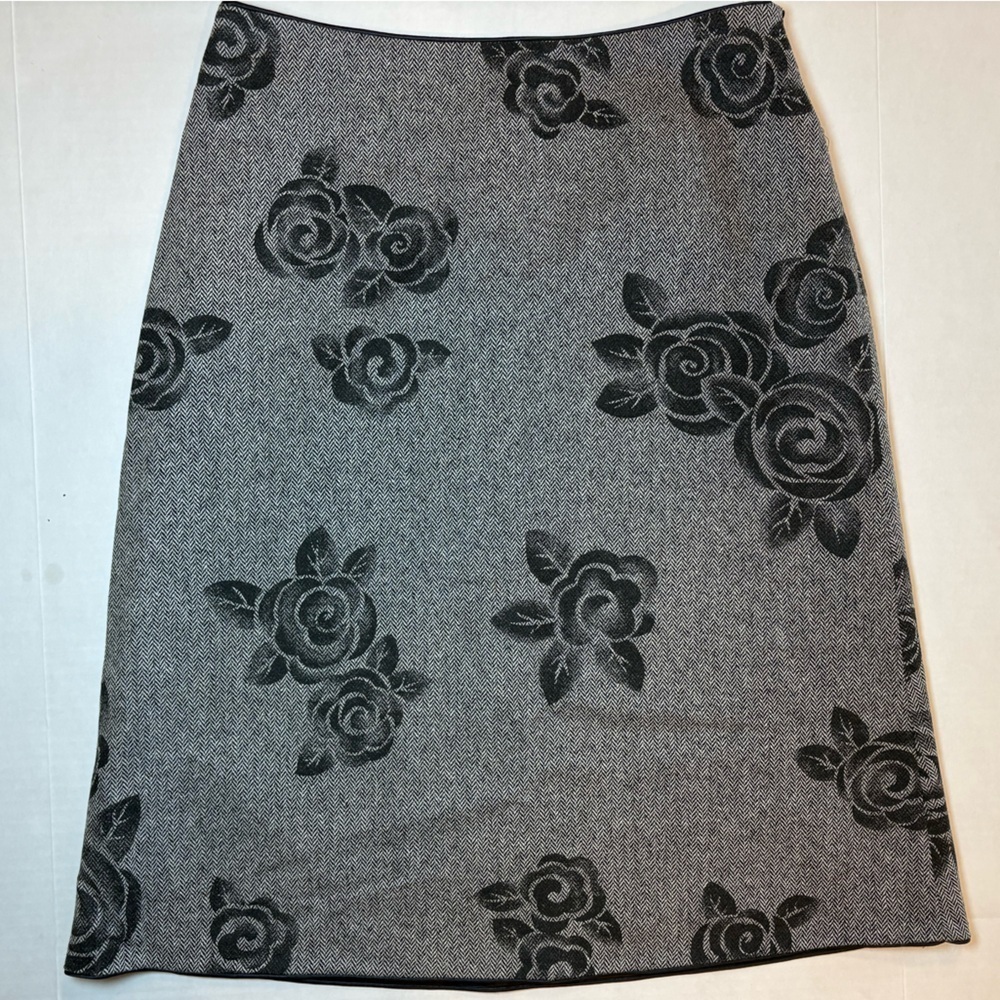 Willi Smith gray wool blend soft goth a-line skirt black rose stencil print  10